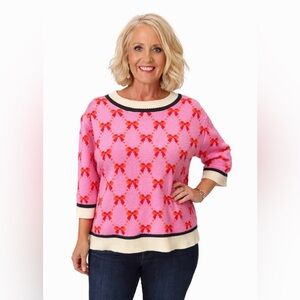 THML Pink and Red Bow Women's Sweater 3/4 Sleeve Size XL